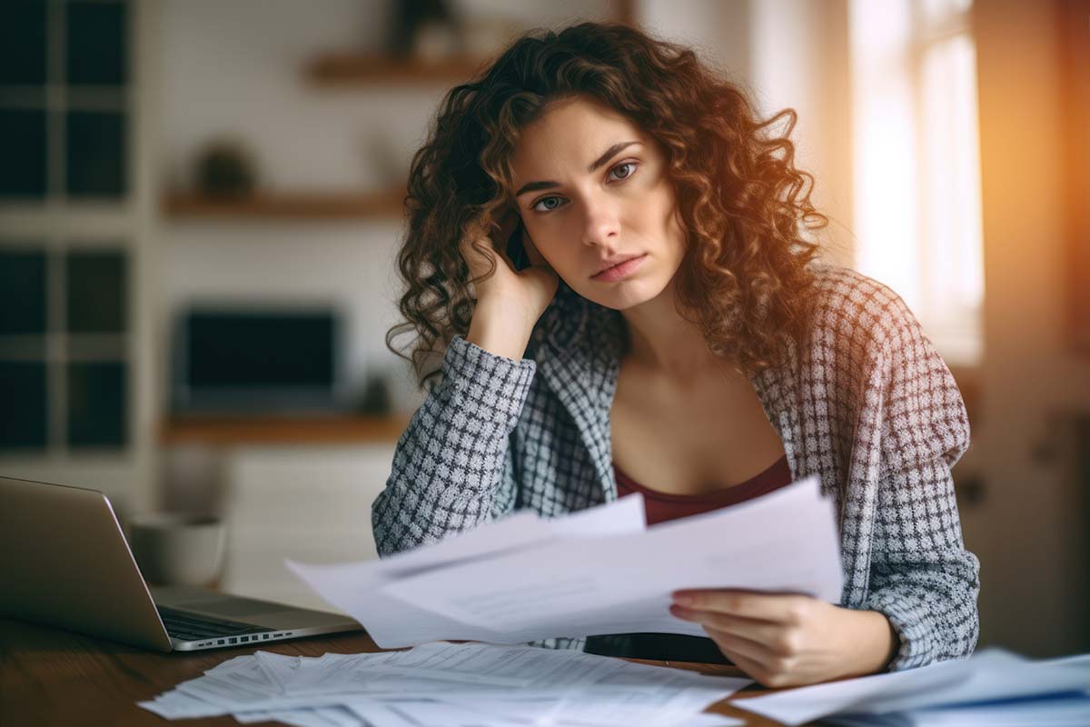 financially stressed woman reviewing bills